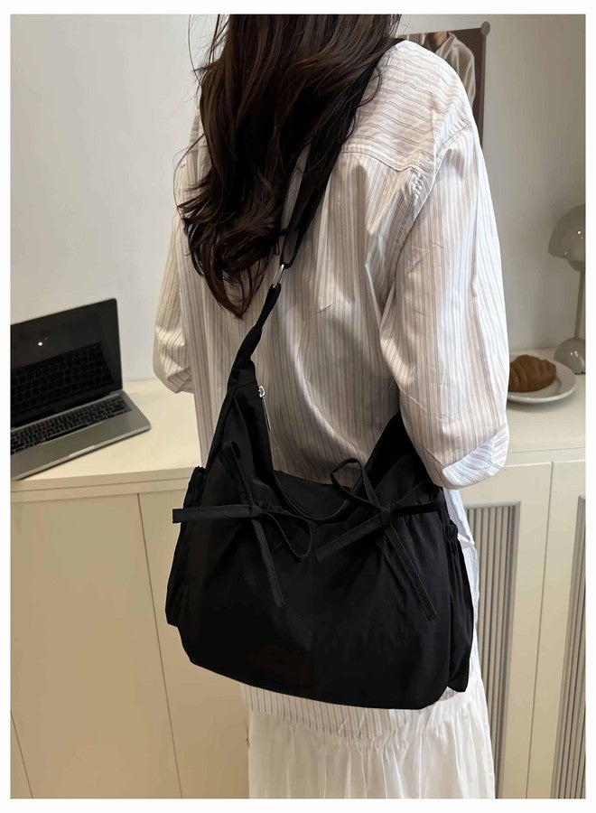 Winatehr black bow messenger bag for women, multi pocket nylon crossbody bags, cute y2k kawaii large shoulder bag, coquette college aesthetic trendy everyday purse - Image 5
